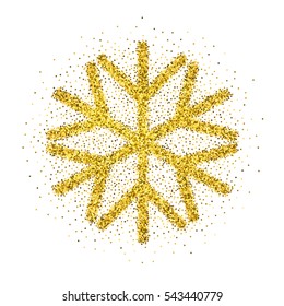 Shine gold snowflake with glitter on white background. Christmas decoration with sparkling light effect. New Year Holiday glittering design for festive banner, card, invitation. Vector illustration.