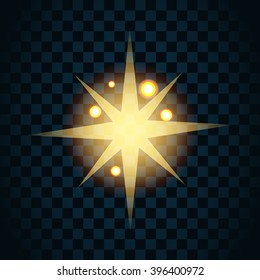 Shine gold star with glitter and golden sparkle icon. Effect twinkle, glare, glowing, graphic light sign. Transparent glow design element on dark background. Template bright flash. Vector illustration