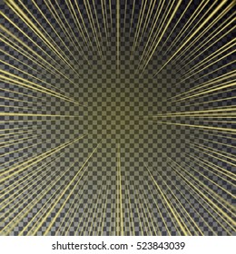 Shine Gold Starburst. Speed Star Travel. Light Burst Vector.  Bright Sun Shines Isolated On A Checkered Background. Magic Gold Rays Of Sun Effect Illustration.