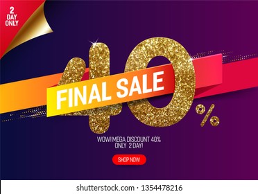 Shine golden sale 40 percen off with vivid paper ribbon, made from small gold glitter squares, pixel style. For final sale and discount offers.