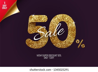 Shine golden sale 50% off, made from small gold glitter squares, pixel style. For sale and discount offers.