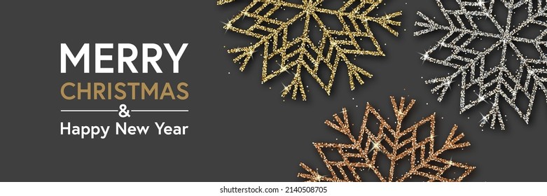 Shine Golden, Silver and Copper Snowflakes. Christmas Background. Xmas, Happy New Year, Winter Vector Illustration.