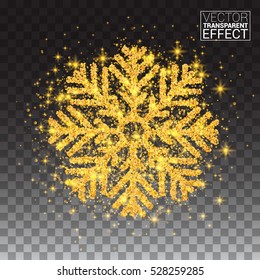 Shine golden snowflake covered with glitter on transparent background. Gold Snow. Christmas decoration with shining sparkling light effect. New Year. Vector Illustration.