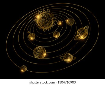 SHINE GOLDEN SOLAR SYSTEM with hand drawn planets isolated on black background