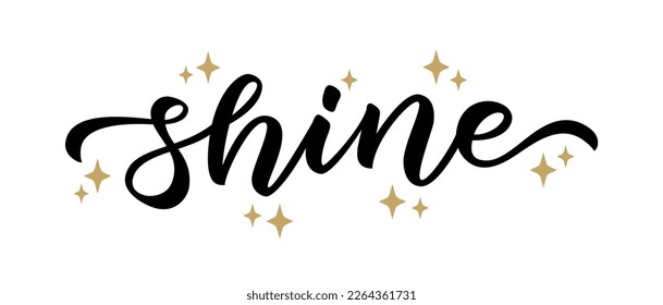 SHINE. Brillo de palabras con letras de pincel dibujado a mano con estrellas doradas sobre fondo blanco. Ilustración vectorial. Diseño inspirador para imprimir en tee, card, banner, afiche, hoody. Estilo moderno de caligrafía