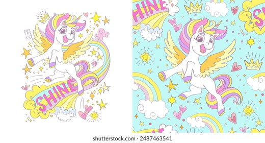 Shine glücklich niedlich träumen Einhorn. Isolierter Charakter und nahtloser Hintergrund. Vektorillustration. Für Party, Druck, Babydusche, Bildschirmhintergrund, Design, Design Kissen, Bettwäsche, Geschirr und Kleidung