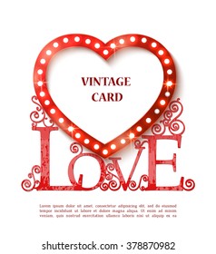 Shine heart with love and shadow, vintage card. Vector