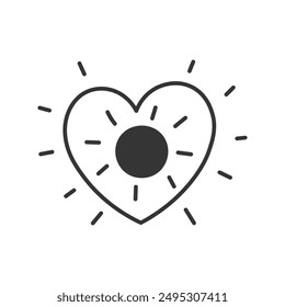 Brilla en forma de corazón con Sun Doodle Icon. Símbolo del amor de la línea dibujada a mano con rayos de sol. Signo de voluntariado de caridad de amor propio. Ilustración vectorial aislada