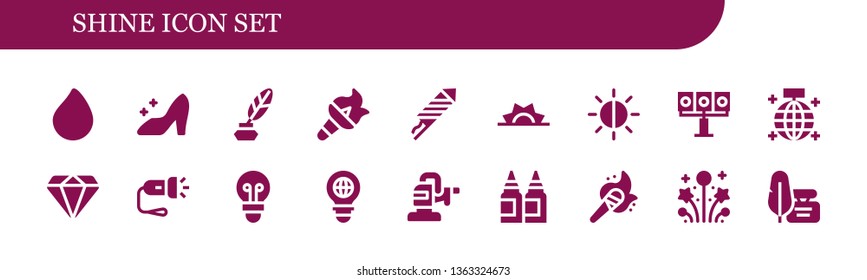 shine icon set. 18 filled shine icons.  Collection Of - Paint drop, Cinderella, Ink, Torch, Fireworks, Sunrise, Brightness, Illumination, Mirror ball, Diamond, Flashlight, Lightbulb