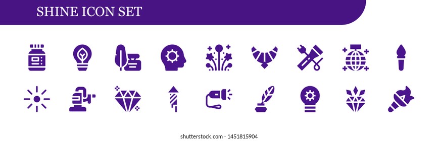 shine icon set. 18 filled shine icons.  Simple modern icons about  - Ink, Eco bulb, Inspiration, Fireworks, Jewel, Flashlight, Mirror ball, Torch, Brightness, Polisher, Gem, Lightbulb