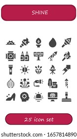 conjunto de iconos de brillo. 25 iconos de brillo rellenos.  Iconos modernos sencillos, como: Amanecer, Antorcha, Pintura, Iluminación escénica, Tintas, Iluminación, Rastreador, Luces llamativas, Brillo, Diamante