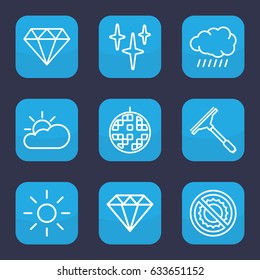 Shine icon. set of 9 outline shine icons such as sun, diamond, diamond, window squeegee, clean, no brightness, disco ball