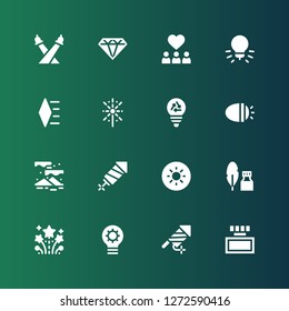 shine icon set. Collection of 16 filled shine icons included Ink, Firework, Idea, Fireworks, Brightness, Aurora, Lights, Bulb, Diamond, Inspiration