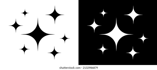 Shine icons. Clean star icons. Sparkle symbols. Brilliance of stars. Twinkle sparks isolated on white and black background. Shiny logo for celebration and cleanliness. Vector.