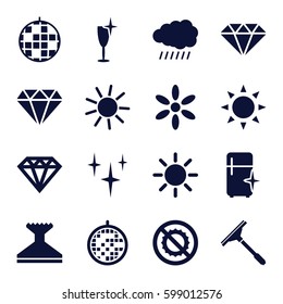 shine icons set. Set of 16 shine filled icons such as sun, diamond, Diamond, window squeegee, clean, clean wine glass, clean fridge, no brightness, disco ball