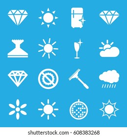 Shine icons set. set of 16 shine filled icons such as sun, diamond, Diamond, window squeegee, clean wine glass, clean fridge, no brightness, disco ball, sun cloud