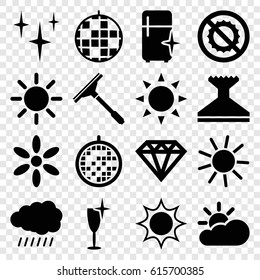 Shine icons set. set of 16 shine filled icons such as sun, Diamond, window squeegee, clean, clean wine glass, clean fridge, no brightness, disco ball