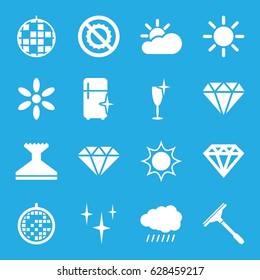 Shine icons set. set of 16 shine filled icons such as sun, diamond, window squeegee, clean wine glass, clean fridge, no brightness, disco ball, sun cloud