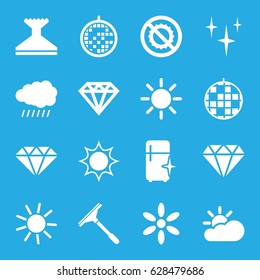 Shine icons set. set of 16 shine filled icons such as sun, diamond, Diamond, window squeegee, clean, clean fridge, no brightness, disco ball, sun cloud