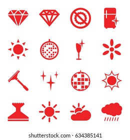 Shine icons set. set of 16 shine filled icons such as sun, diamond, diamond, window squeegee, clean, clean wine glass, clean fridge, no brightness, disco ball