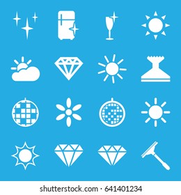 Shine icons set. set of 16 shine filled icons such as sun, diamond, diamond, window squeegee, clean, clean wine glass, clean fridge, disco ball, sun cloud
