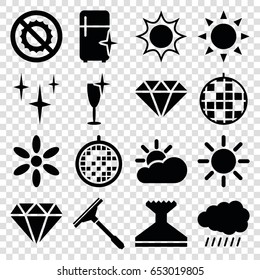 Shine icons set. set of 16 shine filled icons such as sun, diamond, window squeegee, clean, clean wine glass, clean fridge, no brightness, disco ball, sun cloud