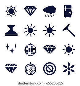 Shine icons set. set of 16 shine filled icons such as sun, diamond, diamond, window squeegee, clean, clean fridge, no brightness, disco ball
