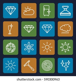 shine icons set. Set of 16 shine outline icons such as sun, diamond, Diamond, window squeegee, clean, clean wine glass, clean fridge, no brightness, disco ball, sun cloud