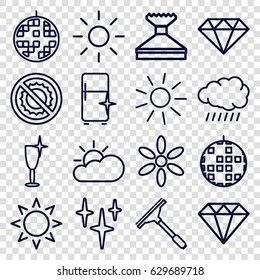 Shine icons set. set of 16 shine outline icons such as sun, diamond, window squeegee, clean, clean wine glass, clean fridge, no brightness, disco ball, sun cloud
