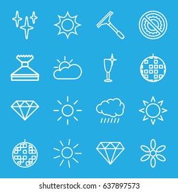 Shine icons set. set of 16 shine outline icons such as sun, diamond, window squeegee, clean, clean wine glass, no brightness, disco ball, sun cloud