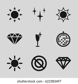Shine icons set. set of 9 shine filled icons such as sun, Diamond, clean, clean wine glass, no brightness, disco ball