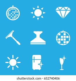Shine icons set. set of 9 shine filled icons such as sun, diamond, window squeegee, clean wine glass, clean fridge