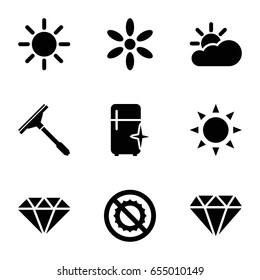 Shine icons set. set of 9 shine filled icons such as sun, diamond, window squeegee, clean fridge, no brightness, sun cloud