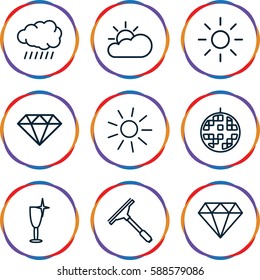 shine icons set. Set of 9 shine outline icons such as sun, diamond, window squeegee, clean wine glass, disco ball, sun cloud