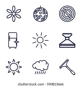 shine icons set. Set of 9 shine outline icons such as sun, window squeegee, clean fridge, no brightness