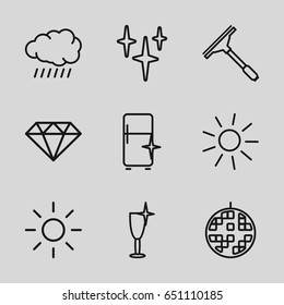 Shine icons set. set of 9 shine outline icons such as sun, window squeegee, clean, clean wine glass, clean fridge, disco ball