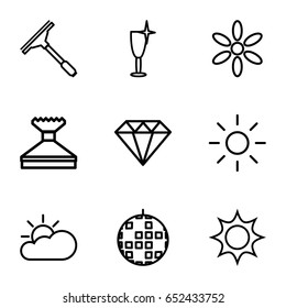 Shine icons set. set of 9 shine outline icons such as sun, diamond, window squeegee, clean wine glass, sun cloud