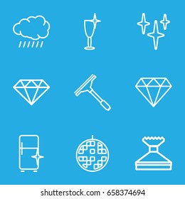 Shine icons set. set of 9 shine outline icons such as sun, diamond, window squeegee, clean, clean wine glass, clean fridge, disco ball