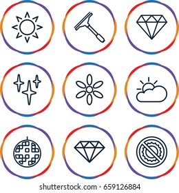 Shine icons set. set of 9 shine outline icons such as sun, diamond, window squeegee, clean, no brightness, disco ball, sun cloud