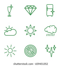 Shine icons set. set of 9 shine outline icons such as sun, diamond, clean, clean wine glass, clean fridge, no brightness