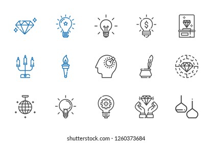 shine icons set. Collection of shine with light, diamond, idea, ideas, mirror ball, ink, bulb, torch, candelabra. Editable and scalable shine icons.