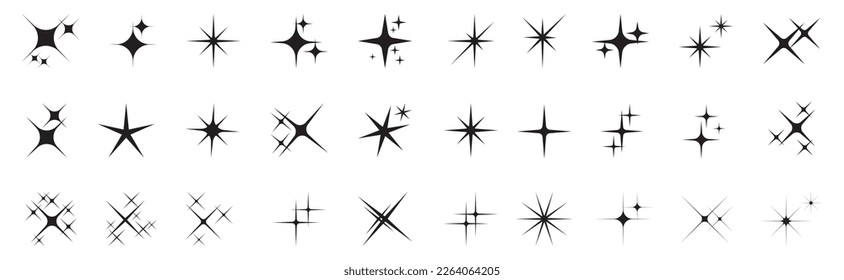 Shine icons set. Star icons. Twinkling stars. Symbols of sparkle, glint, gleam, etc. Christmas vector symbols isolated white background.