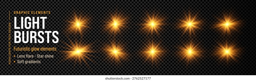 Shine light flare with gold sunlight and star. Sparkle sun glow background through yellow burst rays and lens effect. Sparks isolated golden sun flash on transparent background transparent like PNG.