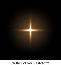 Shine light with flash effect. Golden glow star glared on black background. Bright sparkling vector illustration. Flash of light with ray beams in space. Abstract sunshine sparkle glare.