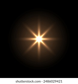 Shine light with flash effect. Golden glow star glared on black background. Bright sparkling vector illustration. Flash of light with ray beams in space. Abstract sunshine sparkle glare.