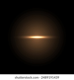 Shine light with flash effect. Golden glow line glared on black background. Bright sparkling vector illustration. Flash of light with ray beams in space. Abstract sunshine sparkle glare.