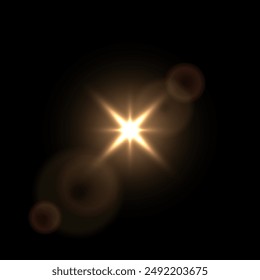 Shine light with flash effect. Golden glow star glared on black background. Bright sparkling vector illustration. Flash of light with ray beams in space. Abstract sunshine sparkle glare.