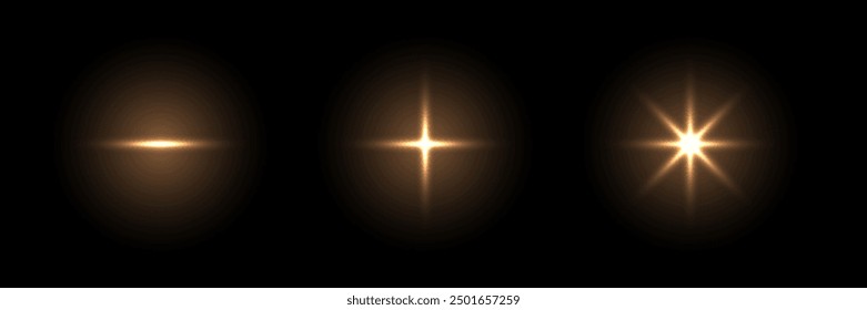 Shine light with flash effect. Golden glow stars glared on black background. Bright sparkling vector illustration set. Flash of light with ray beams in space. Abstract sunshine sparkle glares.