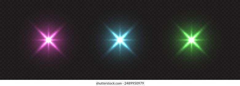 Shine light with flash effect set. Different color glow stars glared on black background. Bright sparkling vector illustration. Flash of light with ray beams in space. Abstract sunshine sparkle glare.