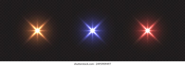 Shine light with flash effect set. Different color glow stars glared on black background. Bright sparkling vector illustration. Flash of light with ray beams in space. Abstract sunshine sparkle glare.